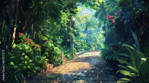 Alley in tropical garden, Digital painting, Anime style.
