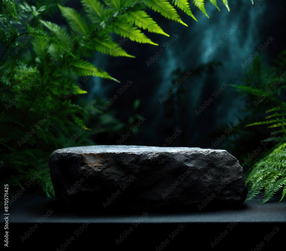 Empty stone podium in lush tropical forest for product placement Empty stone podium in lush tropical forest for product placement