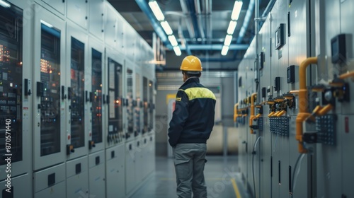 Electrical engineer inspects electrical system at equipment control cabinet Install a modern power plant