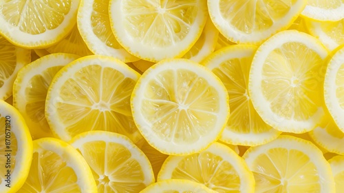 A pile of freshly cut, vibrant yellow lemon slices, bursting with juice