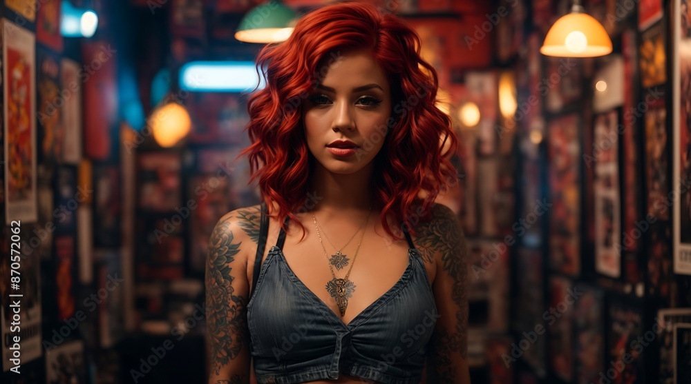 a beautiful woman is playing electric guitar in a room full of posters and a collection of vinyl records, tattooed woman generative AI a beautiful woman is playing electric guitar in a room full of posters and a collection of vinyl records, tattooed woman generative AI