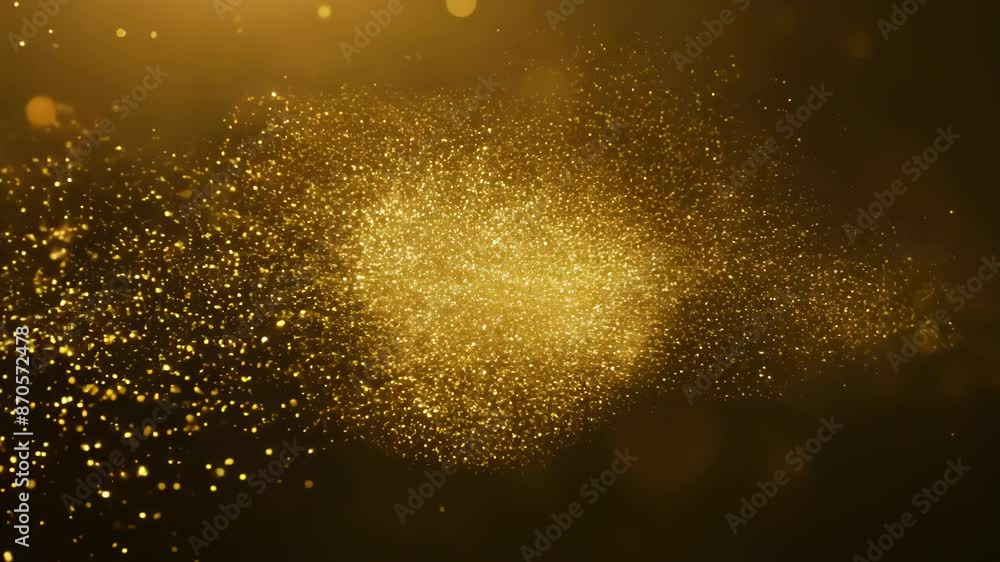 Swirling golden particles illuminate dark background. Tiny specks of light dance and float, creating mesmerizing display of motion and energy. Soft focus enhances dreamy, magical atmosphere. Swirling golden particles illuminate dark background. Tiny specks of light dance and float, creating mesmerizing display of motion and energy. Soft focus enhances dreamy, magical atmosphere.