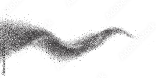 Grain noise wave of black sand grainy dust dots, vector background. Abstract grain noise wave with wavy tail spray splatter effect