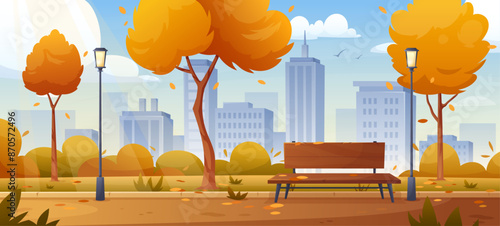 Central city park panorama. Vector illustration of autumn fall park with trees, fall leaves, bench, walkway road, skyline, town buildings. Natural landscape. Lifestyle concept of public garden