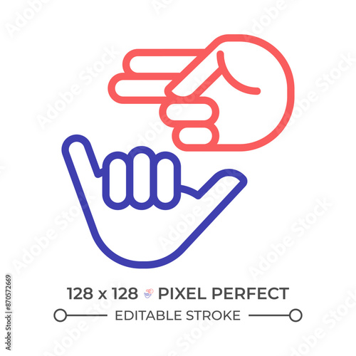 Deaf sign language two color line icon. Nonverbal communication. Hearing loss service. Deaf asl learning bicolor outline symbol. Duotone linear pictogram. Isolated illustration. Editable stroke