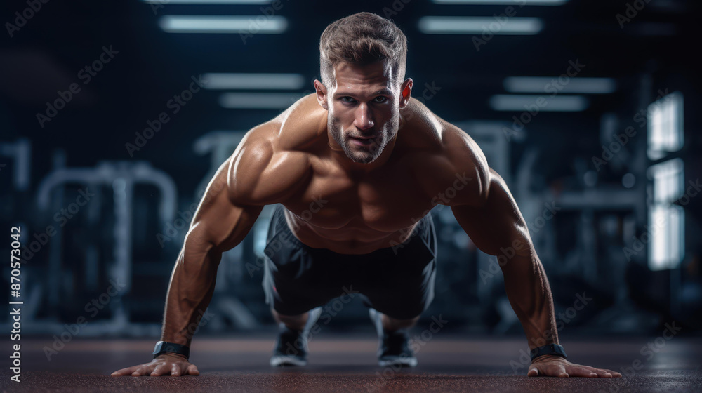 Muscular man showcasing strength by doing onehanded pushups in a gym setting. Muscular man showcasing strength by doing onehanded pushups in a gym setting.
