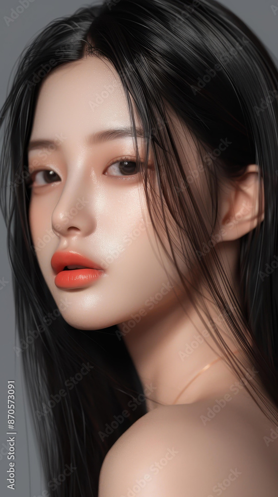 Obraz premium A girl with long black hair and lipstick posing with eerie realism, dao trong le style, k resolution, Chinese brushwork.