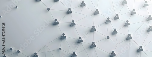Minimalist network of interconnected people on grey background, concept for social media marketing or business technology connection web design banner with copy space.