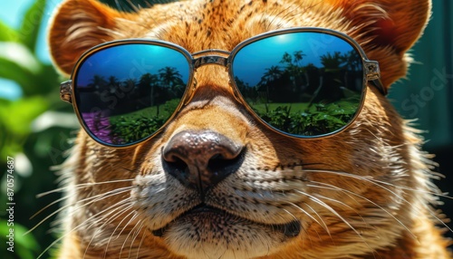 Dog Wearing Sunglasses With Reflection of Palm Trees. © BOJOShop