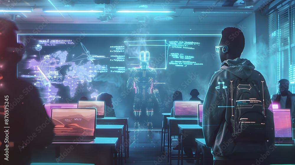A futuristic classroom with a robot teacher training human students using holographic labeled data, each student has a glowing neural network interface A futuristic classroom with a robot teacher training human students using holographic labeled data, each student has a glowing neural network interface