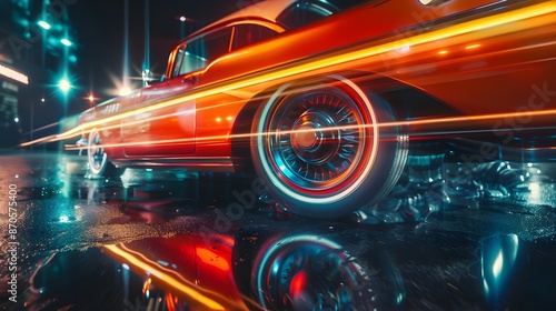 Vintage Car Wheels Spinning At Night