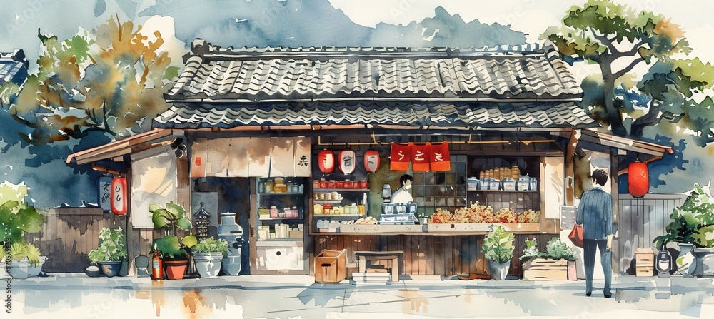 Traditional Asian food stall shop. Traditional oriental painting style background. Generative AI technology.
Traditional Asian food stall shop. Traditional oriental painting style background. Generative AI technology.