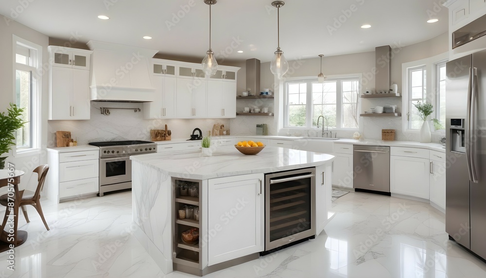 A bright, open-concept kitchen with white marble countertops and stainless steel appliances. A bright, open-concept kitchen with white marble countertops and stainless steel appliances.