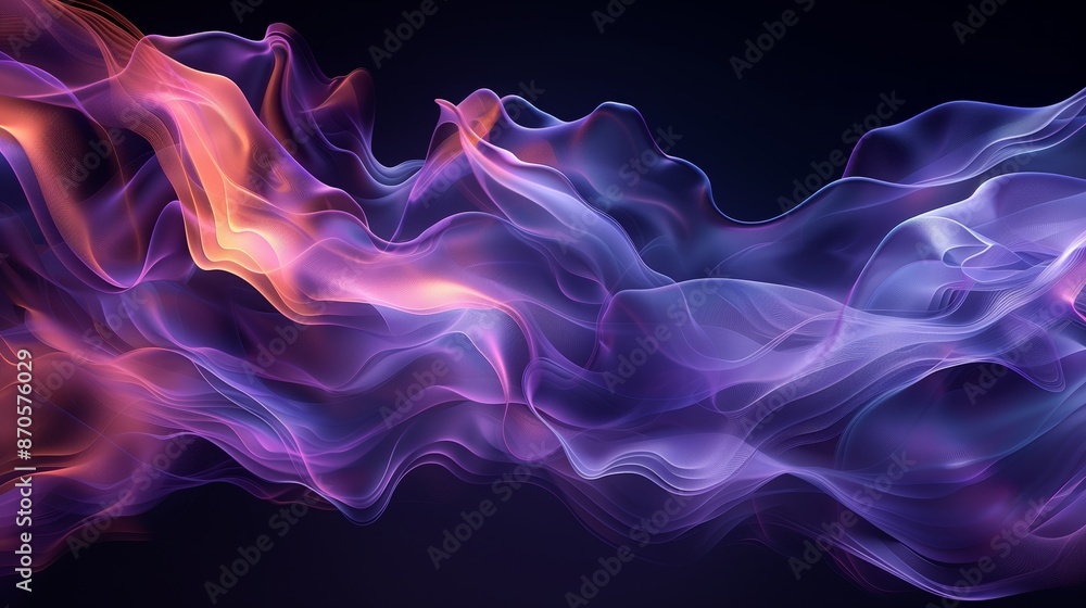 Abstract flowing purple and blue waves and lines with orange highlights in a black background. Abstract flowing purple and blue waves and lines with orange highlights in a black background.