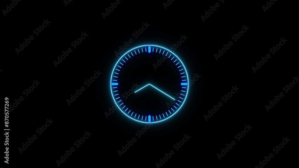 Neon clock icon royal blue color animation. on black background 24 hour fast digital clock. Neon clock icon royal blue color animation. on black background 24 hour fast digital clock.