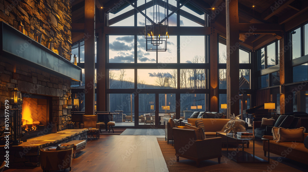 Elegant mountain resort club interior at sunset Elegant mountain resort club interior at sunset