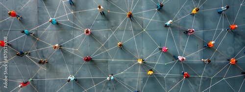 Simplified network of people connecting, symbolizing the complexity and intricacy in building business connections through social media marketing.. grey background with copy space for text stock photo
