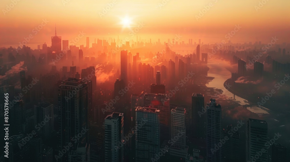 A captivating sunrise over a bustling city skyline, with the sun's rays piercing through the towering skyscrapers, creating a dramatic contrast between the natural and urban worlds. A captivating sunrise over a bustling city skyline, with the sun's rays piercing through the towering skyscrapers, creating a dramatic contrast between the natural and urban worlds.