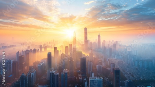 A captivating sunrise over a bustling city skyline, with the sun's rays piercing through the towering skyscrapers, creating a dramatic contrast between the natural and urban worlds.