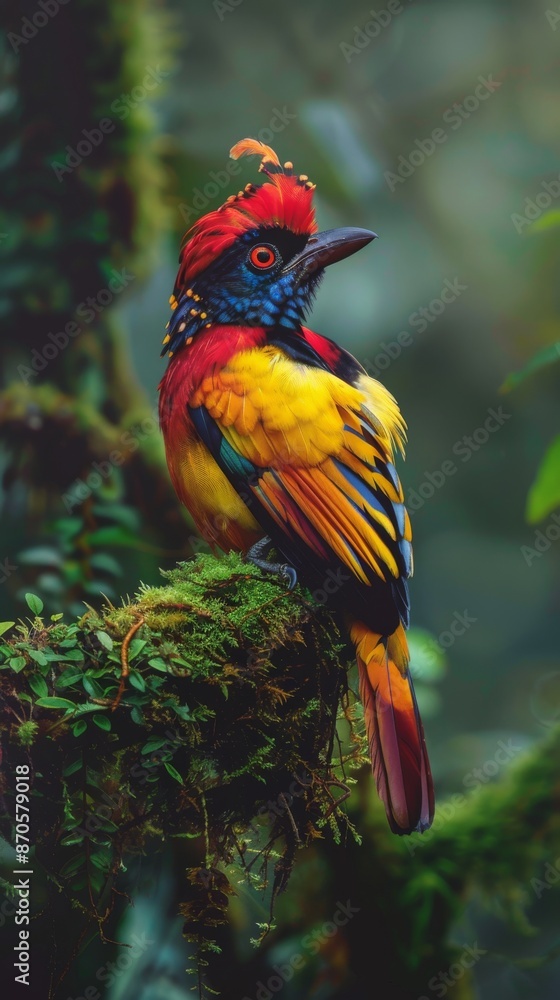 Fototapeta premium Colorful tropic bird perched on mossy branch in rainforest, exotic wildlife