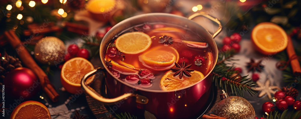 A steaming pot of Christmas punch, filled with floating fruit slices and spices, surrounded by festive decorations, Christmas punch, holiday party A steaming pot of Christmas punch, filled with floating fruit slices and spices, surrounded by festive decorations, Christmas punch, holiday party