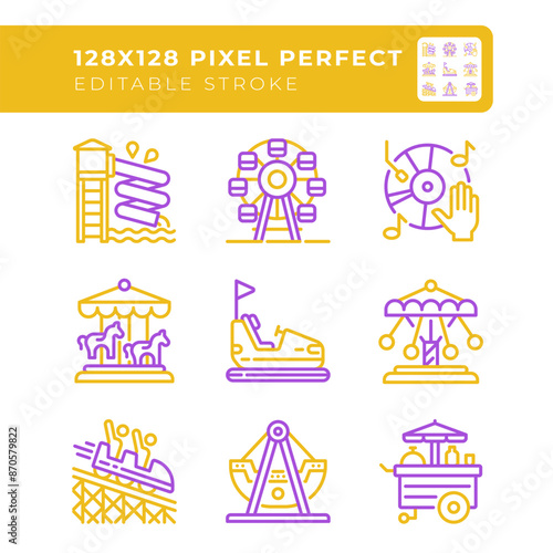 Amusement park attractions two color line icons set. Fairground activities. Family vacation. Outdoor activities bicolor outline iconset isolated. Duotone pictograms thin linear. Editable stroke