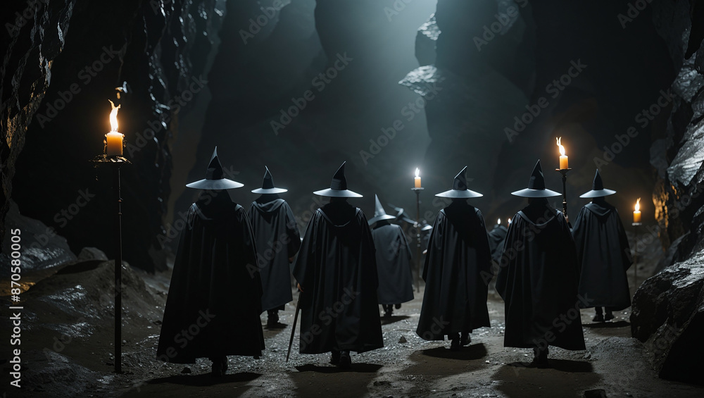 It's a group of people in black robes and hats walking in a dark cave.
It's a group of people in black robes and hats walking in a dark cave.