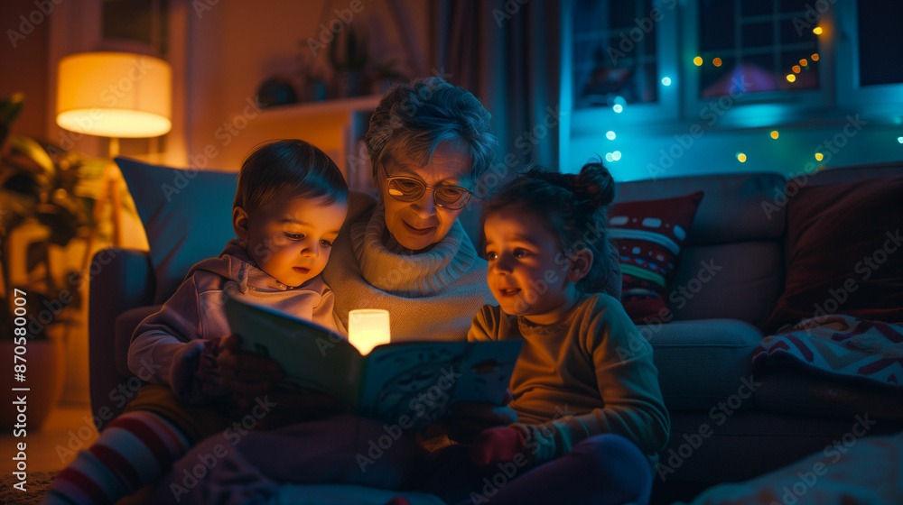 Woman and two children sitting on a couch looking at a book Woman and two children sitting on a couch looking at a book