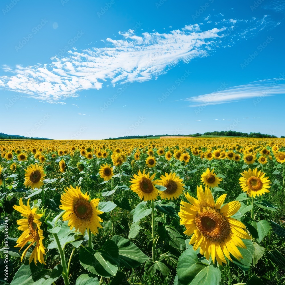 Fototapeta premium Sunflower field under blue sky, vibrant landscape