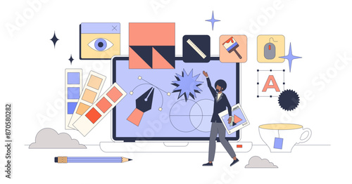Graphic design and creative visual art tiny person neubrutalism concept, transparent background. Web tool for company branding, logo creation and marketing material drawing illustration.