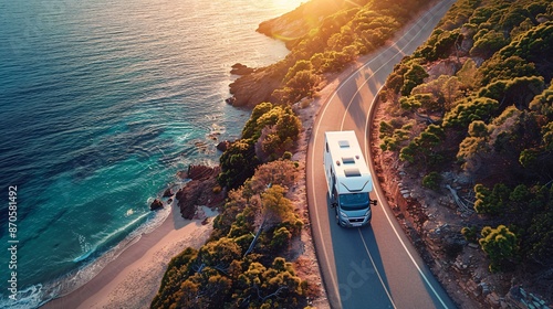 An aerial view of a white motorhome driving along a winding coastal road at sunset. The sun is setting behind the motorhome, casting a warm glow on the scene
