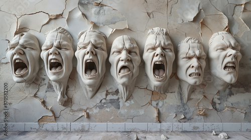 Six plaster faces, contorted in a silent scream, adorn a crumbling wall.  The scene evokes a sense of distress and the passage of time.