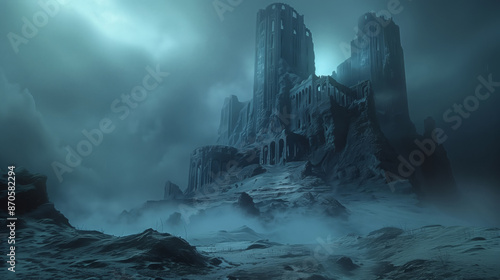 Epische riesige Ruine einer Tempelanlage im Gebirge bei Nebel photo