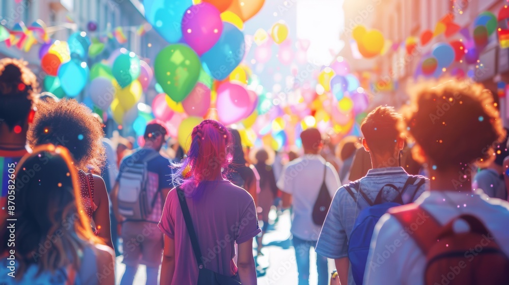 A bustling crowd celebrates with colorful balloons and confetti, creating a vibrant and joyous atmosphere. A bustling crowd celebrates with colorful balloons and confetti, creating a vibrant and joyous atmosphere.