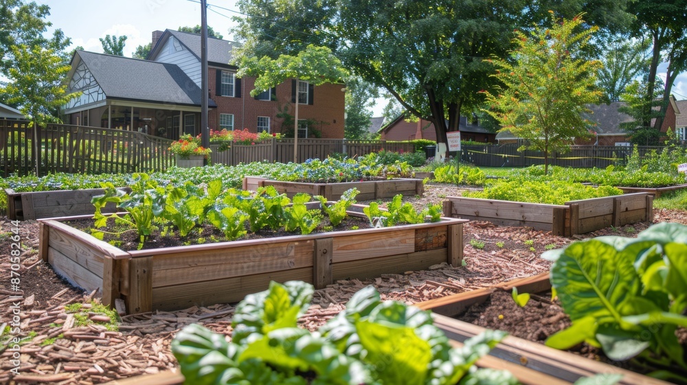 A community garden with raised beds filled with fresh produce. The garden is surrounded by trees and houses. A community garden with raised beds filled with fresh produce. The garden is surrounded by trees and houses.