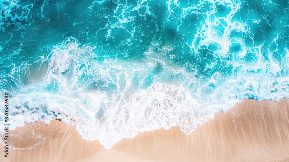 Aerial view of ocean waves and beach in sunset Aerial view of ocean waves and beach in sunset