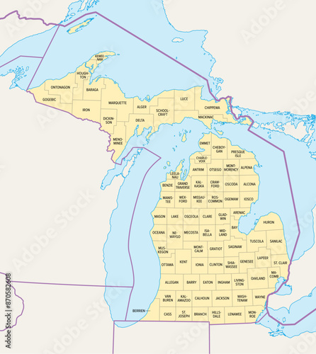 Michigan counties, political map. A state in the Great Lakes region of the Upper Midwest of the United States, subdivided into 83 counties. Map with boundaries and county names. Illustration. Vector