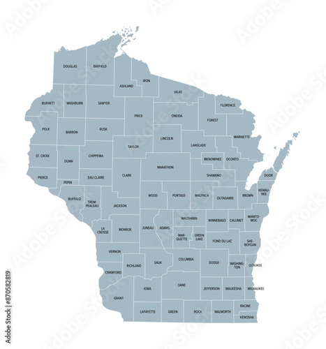 Wisconsin counties, gray political map. A state in the Great Lakes region of the Upper Midwest of the United States, subdivided into 72 counties. Map with boundaries and county names. Illustration