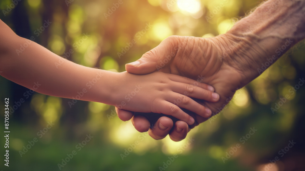 Hand of elder senior grandpa grandma holding hand of granddaughter kid child family happiness close up shot blurred lush green forest background Hand of elder senior grandpa grandma holding hand of granddaughter kid child family happiness close up shot blurred lush green forest background