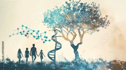 A family walks towards a tree representing life and growth, with a DNA double helix climbing its trunk.