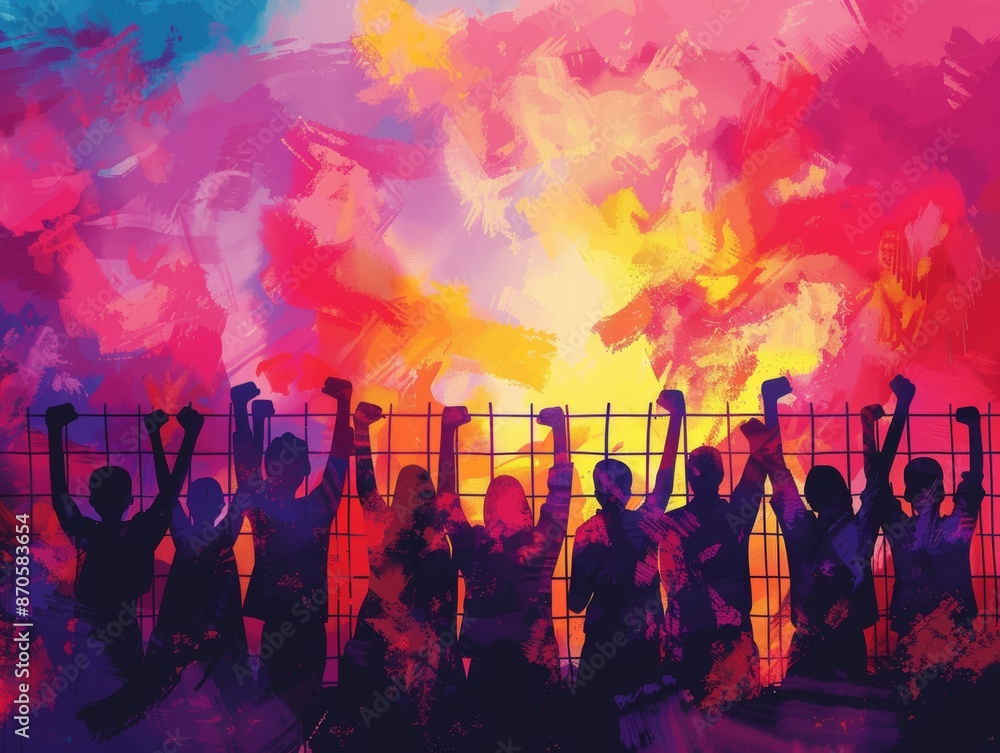 Silhouettes of people with raised arms in front of a colorful abstract background. Silhouettes of people with raised arms in front of a colorful abstract background.