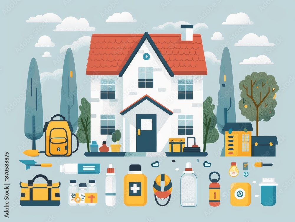 A flat illustration of a house with a variety of outdoor gear and supplies. Perfect for camping, hiking, or adventure themes. vector A flat illustration of a house with a variety of outdoor gear and supplies. Perfect for camping, hiking, or adventure themes. vector