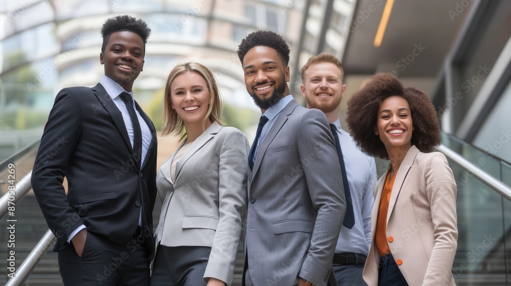 Portrait of businessman businesswoman confident beautiful smile stand on staircase in company male and female in suit Portrait of businessman businesswoman confident beautiful smile stand on staircase in company male and female in suit