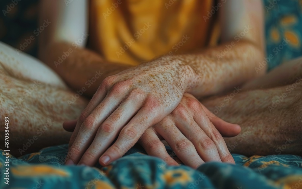 Close-up of freckled hands resting on crossed legs, a soft focus on the textured skin. Close-up of freckled hands resting on crossed legs, a soft focus on the textured skin.
