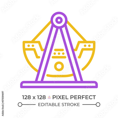 Swinging pirate ship pixel perfect two color line icon. Swing boat amusement. Viking thematic park bicolor outline symbol. Duotone linear pictogram. Isolated illustration. Editable stroke