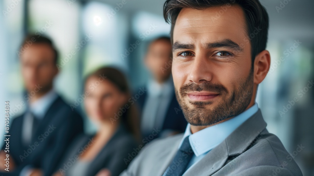 Businessman stands in front of company team members cross hands in office confident beautiful smile male and female in suit copy space Businessman stands in front of company team members cross hands in office confident beautiful smile male and female in suit copy space