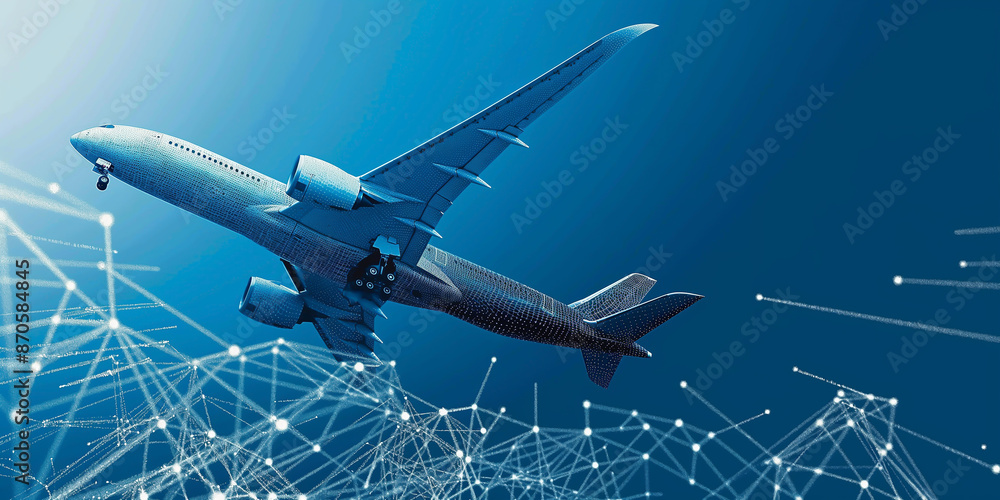 Fototapeta premium Ascending into the Future: The Intersection of Aviation and Digital Connectivity in a Technological Sky