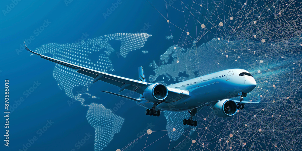 Fototapeta premium Ascending into the Future: The Intersection of Aviation and Digital Connectivity in a Technological Sky