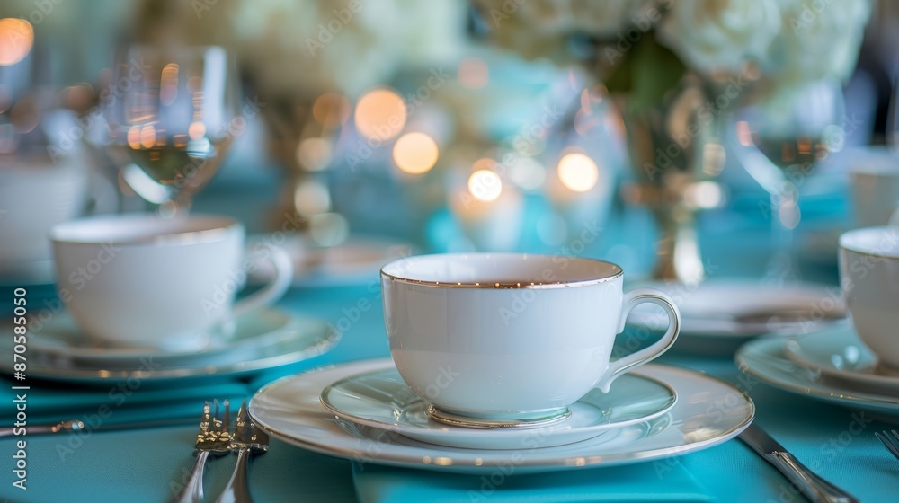 Close up of white teacups and saucers on a teal tablecloth, with blurry candles and flowers in the background. Close up of white teacups and saucers on a teal tablecloth, with blurry candles and flowers in the background.