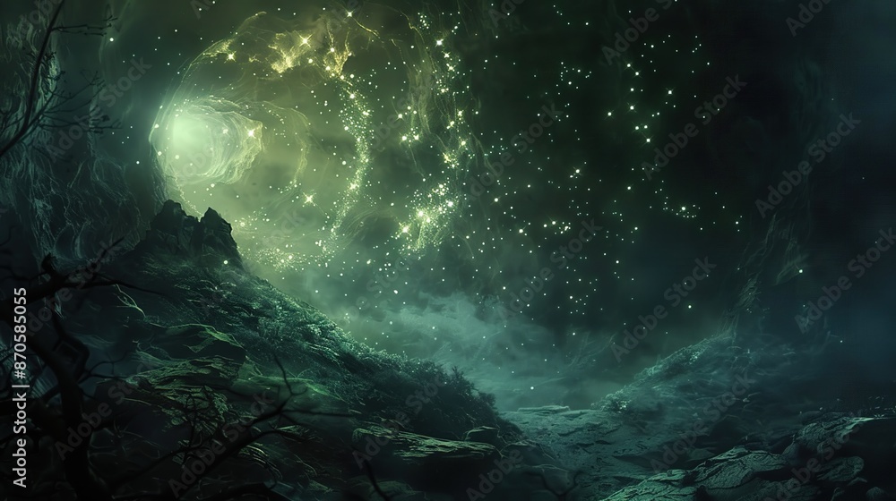 Enchanting Entrance to a Mystical Cave illuminated by Distant Star Clusters Enchanting Entrance to a Mystical Cave illuminated by Distant Star Clusters